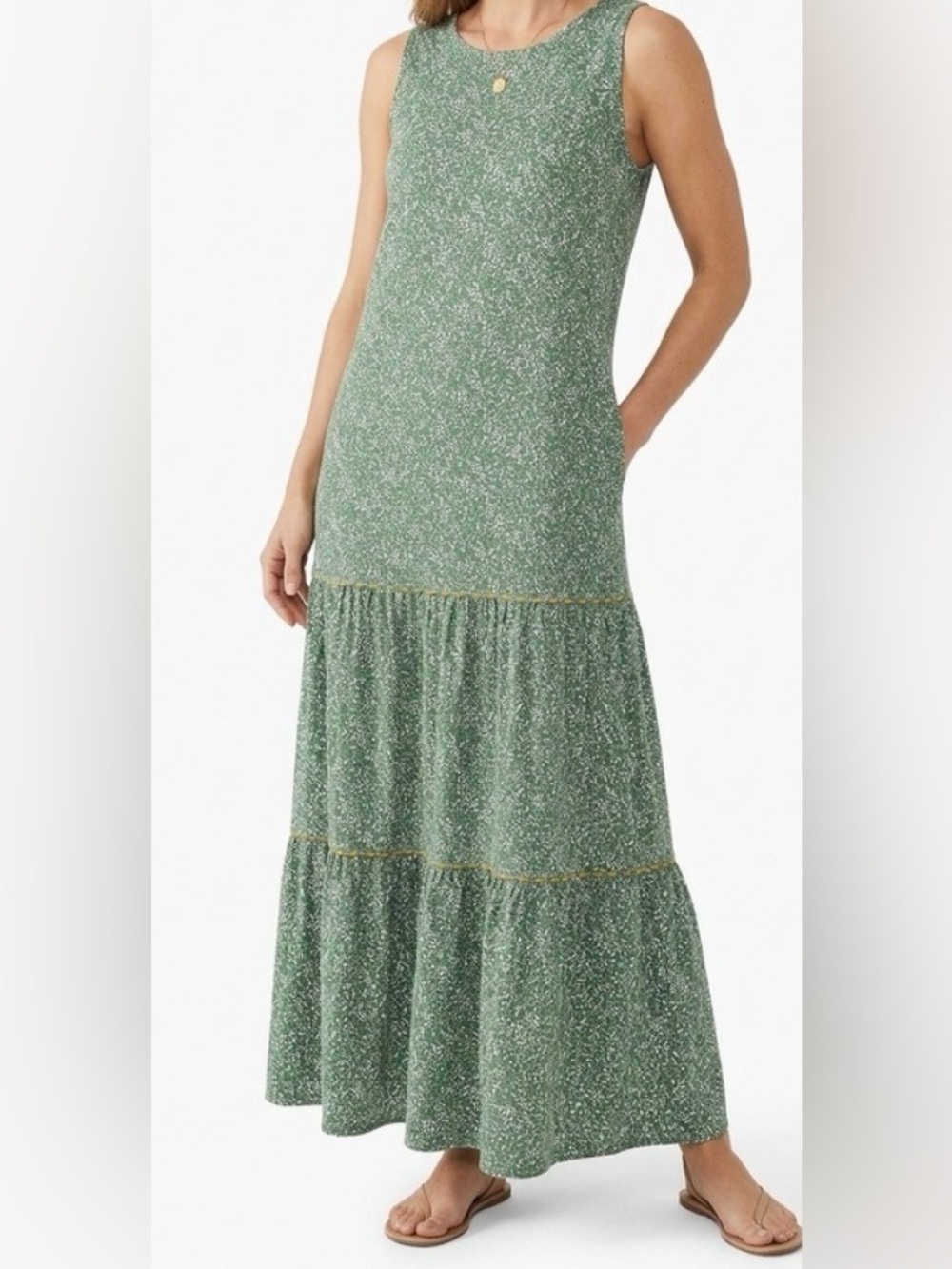 J. Jill Green Floral Tiered Sleeveless Maxi Dress SP EUC